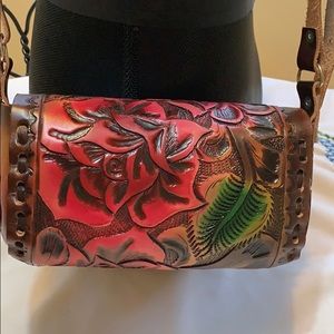Floral Embossed Red and Brown Crossbody Bag